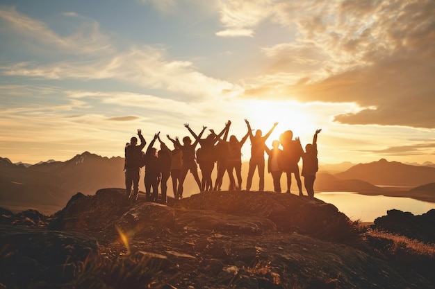 Große Gruppe von Menschen, die sich am Erfolg, dem Sieg und der glücklichen Pose mit erhobenen Armen auf der Bergspitze gegen Sonnenuntergang, Seen und Berge, die von KI generiert wurden, amüsieren