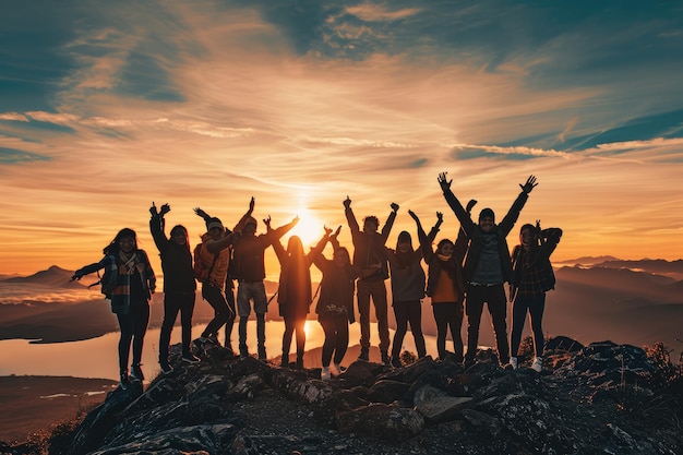 Große Gruppe von Menschen, die sich am Erfolg, dem Sieg und der glücklichen Pose mit erhobenen Armen auf der Bergspitze gegen Sonnenuntergang, Seen und Berge, die von KI generiert wurden, amüsieren