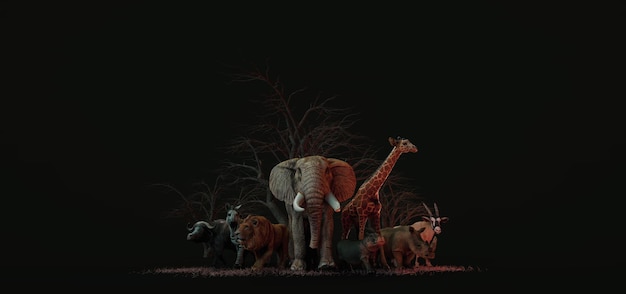 Foto große gruppe wilder zoos verschiedene wilde tiere auf schwarzem hintergrund 3d und illustrator