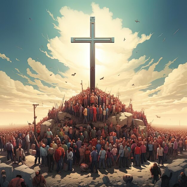 große Gruppen von Menschen stehen zusammen hinter einem Kreuz im Stil einer spielerischen Illustration
