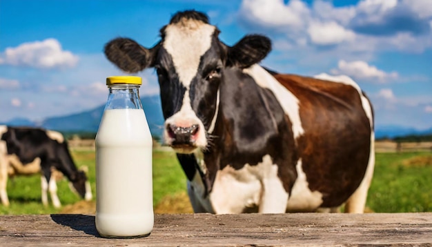 Große Kuh und eine Flasche Milch auf der Farm