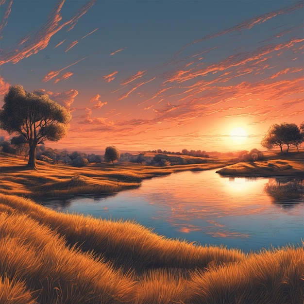 Große Landschaft Natur beim Sonnenuntergang Spirituelle surreale Bildende Kunst Sehr detailliert glatt sehr scharf