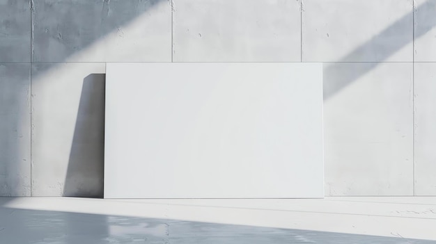 Foto große leere weiße leinwand steht auf dem betonboden vor der betonmauer mit sonnenlicht und schatten darauf