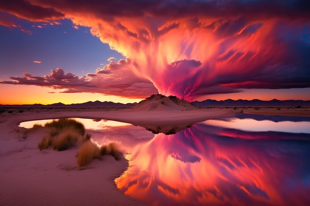 Große leuchtend rosa Sonnenuntergangswolke über Sanddünen des Wüstensees in der Wüste