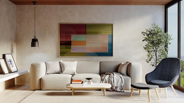 Große luxuriöse moderne helle Innenräume Wohnzimmer-Mockup-Illustration 3D-Rendering-Bild