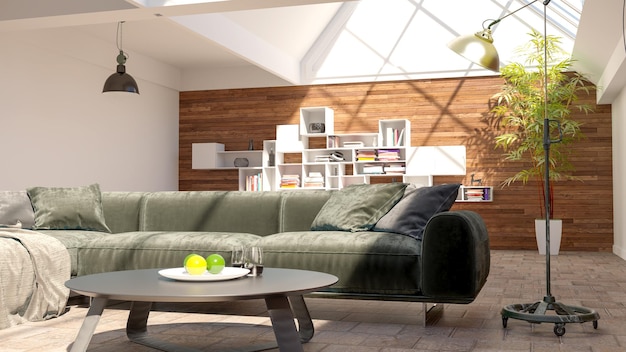 Große, luxuriöse, moderne, helle Innenräume Wohnzimmer Mockup Illustration 3D-Rendering Computer digital generiertes Bild