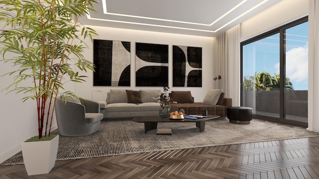 Große luxuriöse moderne helle Innenräume Wohnzimmer-Mockup-Illustration 3D-Rendering Computer digital generiertes Bild