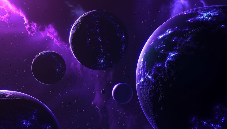 Foto große magische planeten violett und blau mehrfarbiger himmel