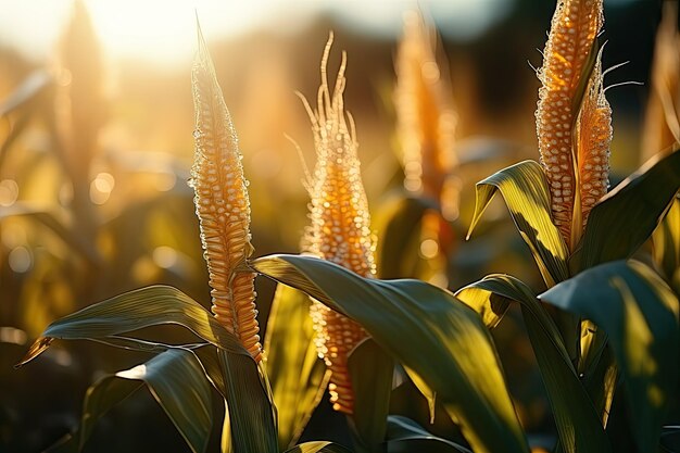Große Maisfelder mit reifen Maiskolben bei Sonnenuntergang Landwirtschaftslandschaft Generative KI