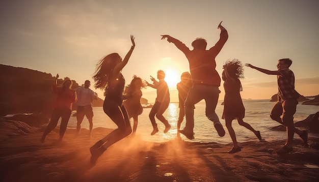 Große Menschenmenge, die sich am Sonnenuntergangsstrand amüsiert