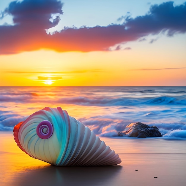 Große Nautilusmuschel und gewöhnliche Muschel, die in der goldenen Stunde in den Wellen des Ozeans am Strand liegen