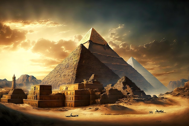 Große Pyramide von Ägypten und antike Stadt mit generativer KI