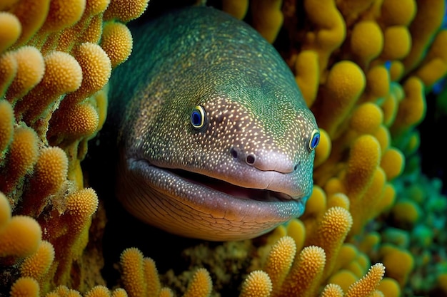 Große räuberische Muräne schwimmt auf dem Meeresboden zwischen Korallen