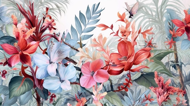 Große Reihe von Hibiskusblüten in Aquarell auf einem isolierten weißen Hintergrund gemalt, botanische Illustration Generative Ai