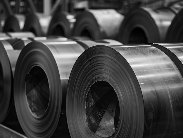 Foto große rollen aus stahlband in der fabrikwerkstatt in monochromer farbe