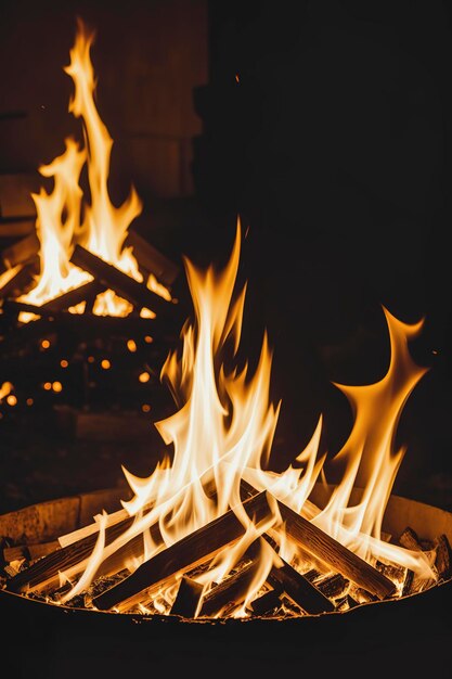 Foto große rote und orangefarbene flammen wütend feuerholz und glut im feuer auf einem hintergrund von flammen