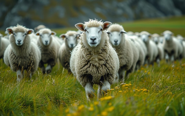 Große Schafherde Eine Schafherd auf grasbewachsenem Hintergrund