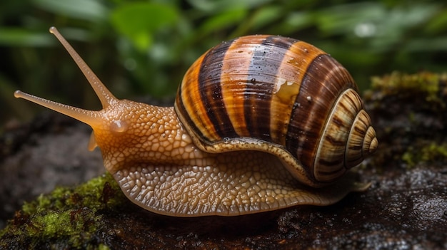 Große Schnecke in der Schale, die am Straßensommertag im Garten kriecht