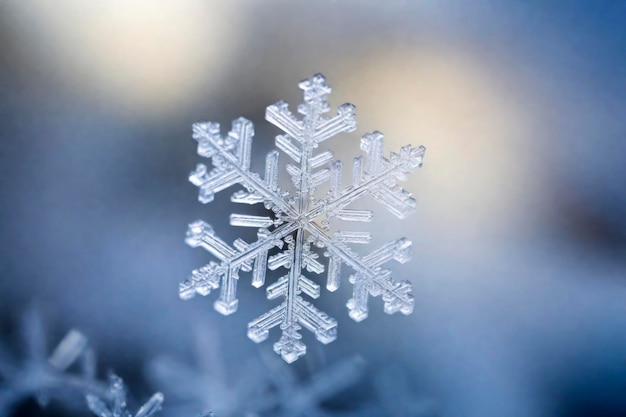 Große Schneeflocke in Nahaufnahme Winter-Schneedrücke und Neujahrssymbol