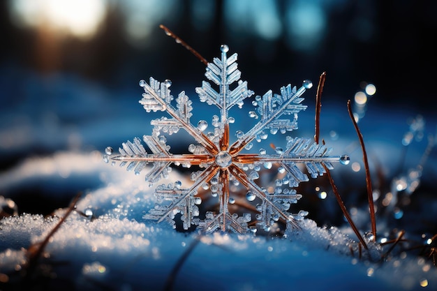 Große Schneeflocke in Nahaufnahme Winter-Schneedrücke und Neujahrssymbol