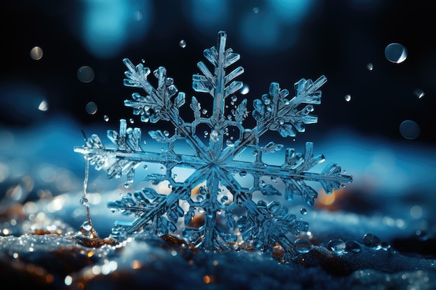 Große Schneeflocke in Nahaufnahme Winter-Schneedrücke und Neujahrssymbol