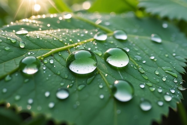Große schöne Tropfen durchsichtiges Regenwasser auf einem grünen macro Blatt Tau Tropfen am Morgen leuchten in der Sonne Schöne Blatt Textur in der Natur natürlicher Hintergrund