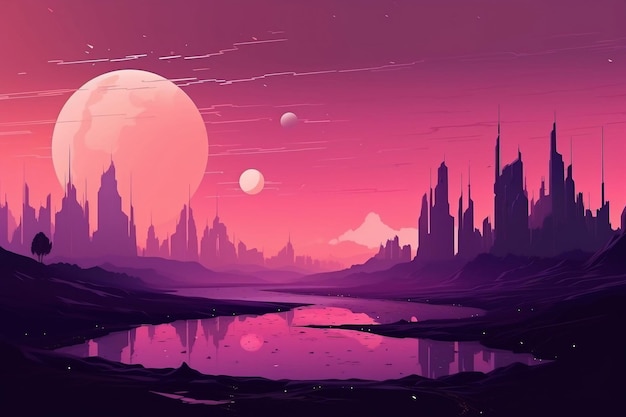 Große Stadtlandschaft mit riesigen Gebäuden auf einem fernen Planeten in violetten Farben, generative KI