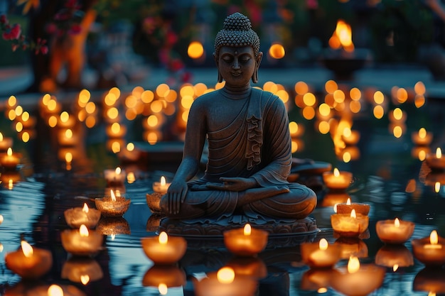 Große Steinbuddha-Statue mit Lotusblumen im Freien in der Natur ai erzeugt