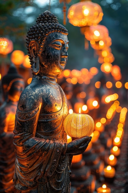 Große Steinbuddha-Statue mit Lotusblumen im Freien in der Natur ai erzeugt