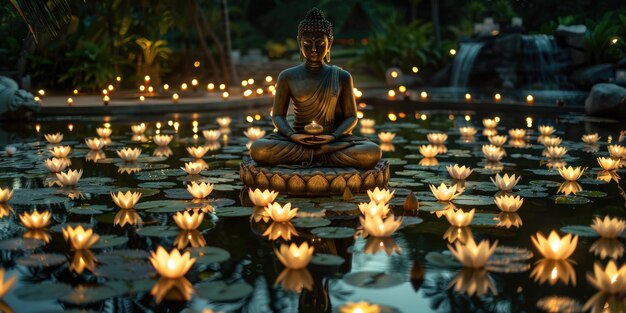 Große Steinbuddha-Statue mit Lotusblumen im Freien in der Natur ai erzeugt