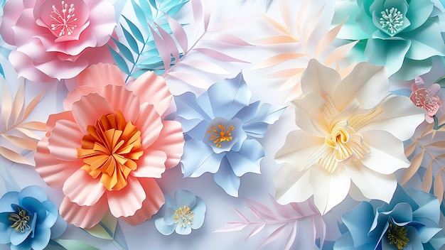 große und kleine voluminöse Papierblumen in Pastellfarben auf weißem Hintergrund