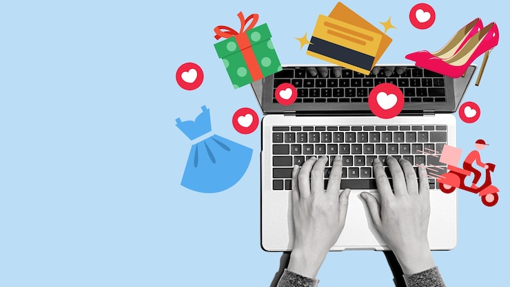Foto große verkäufe kreativer trend abstrakte vektorcollage-illustration der hand der frau mit laptop-computer