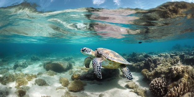 Große Wasserschildkröte schwimmt im Ozean in Bodennähe, generative KI für Unterwasserleben