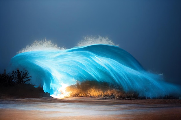 Große Welle, die auf einen Sandstrand trifft und generative KI erzeugt