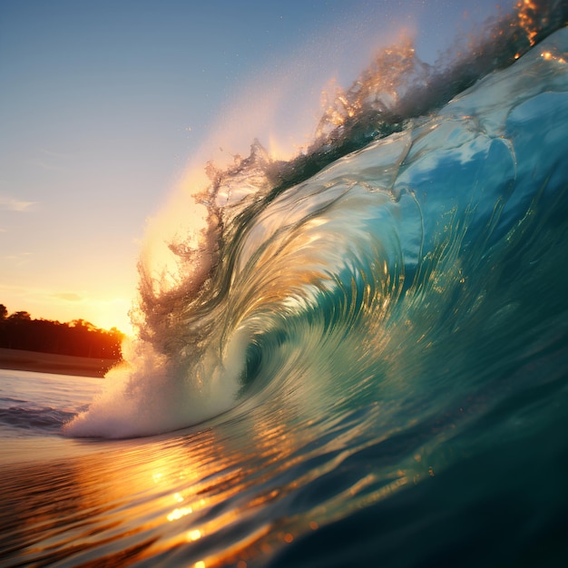 Große Welle mit Weißkappe und Sonnenuntergang im Hintergrund