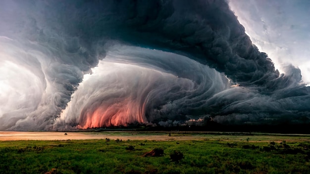 Große Wolken auf Wiesen, Gewitter-Regensturm-Tornado warnende Wetterfotografie