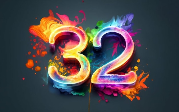 Große Zahl 32 mit Regenbogenfarben und Feuereffekt