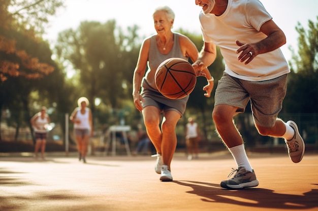 Großeltern genießen ein Basketballspiel auf dem Basketballplatz und zeigen ihre aktiven Leistungen