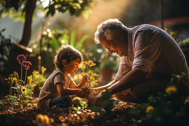 Großeltern Großmutter und Großvater mit Enkeln im Garten sonnige Kernpflanzen Flora Botanik Vergnügen Gemüse Blumen lächeln