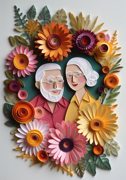 Großeltern lächeln Blumen um den glücklichen Großelterntag herum. Quilling-Illustration aus Papier. Ai generiert