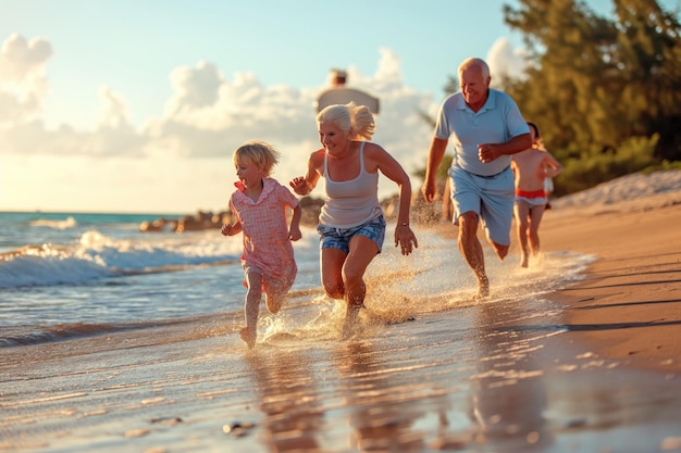 Foto großeltern laufen mit ihren enkeln im sommerurlaub am strand entlang