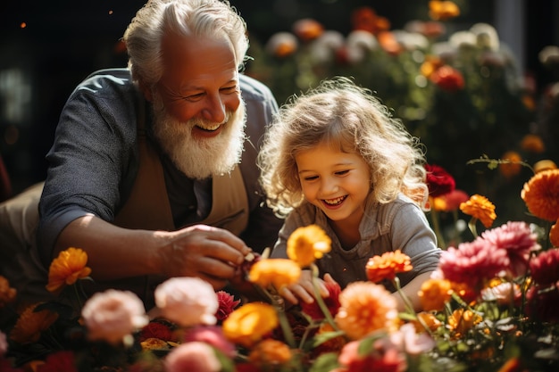 Großeltern spielen mit Enkeln in einem sonnigen Garten