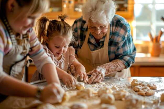 Großeltern und Enkel backen zusammen in der sonnigen Küche Kekse