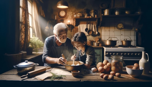 Foto großeltern und kinder kochen