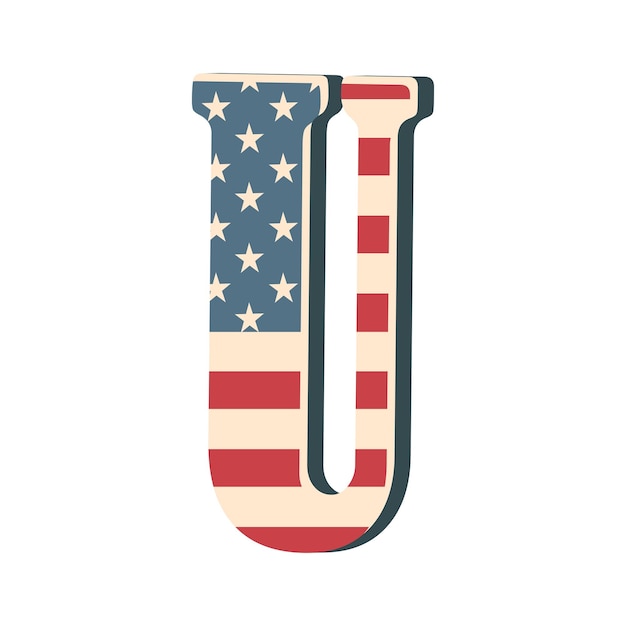 Großer 3D-Buchstabe U mit amerikanischer Flaggentextur isoliert auf weißem Hintergrund Vektorillustrationselement für Design Kids Alphabet USA-Flagge patriotische Schriftart