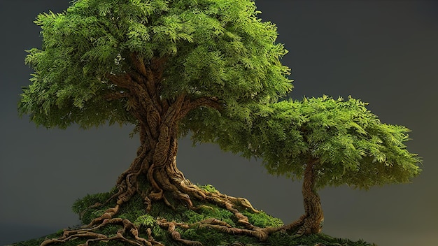 Großer alter Feenbaum, der Stamm eines jahrhundertealten Baumes aus sich windenden Wurzeln bei Sonnenuntergang 3D-Illustration