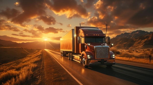 Großer amerikanischer LKW auf der Autobahn mit wunderschönem Sonnenuntergang im Hintergrund