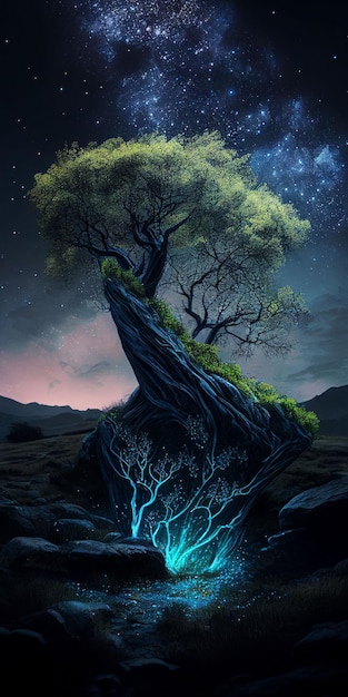 Großer Baum, der farbenfroh vom Nachthimmel und Sternenhintergrund leuchtet. Erstellt mit generativer KI-Technologie