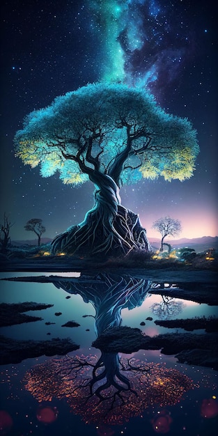 Großer Baum leuchtet farbenfroh vom Nachthimmel und Sternen-Hintergrund mit Generative AI-Technologie erstellt