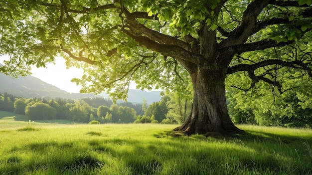 Großer Baum mit frischen grünen Blättern und grüner Frühlingswiese